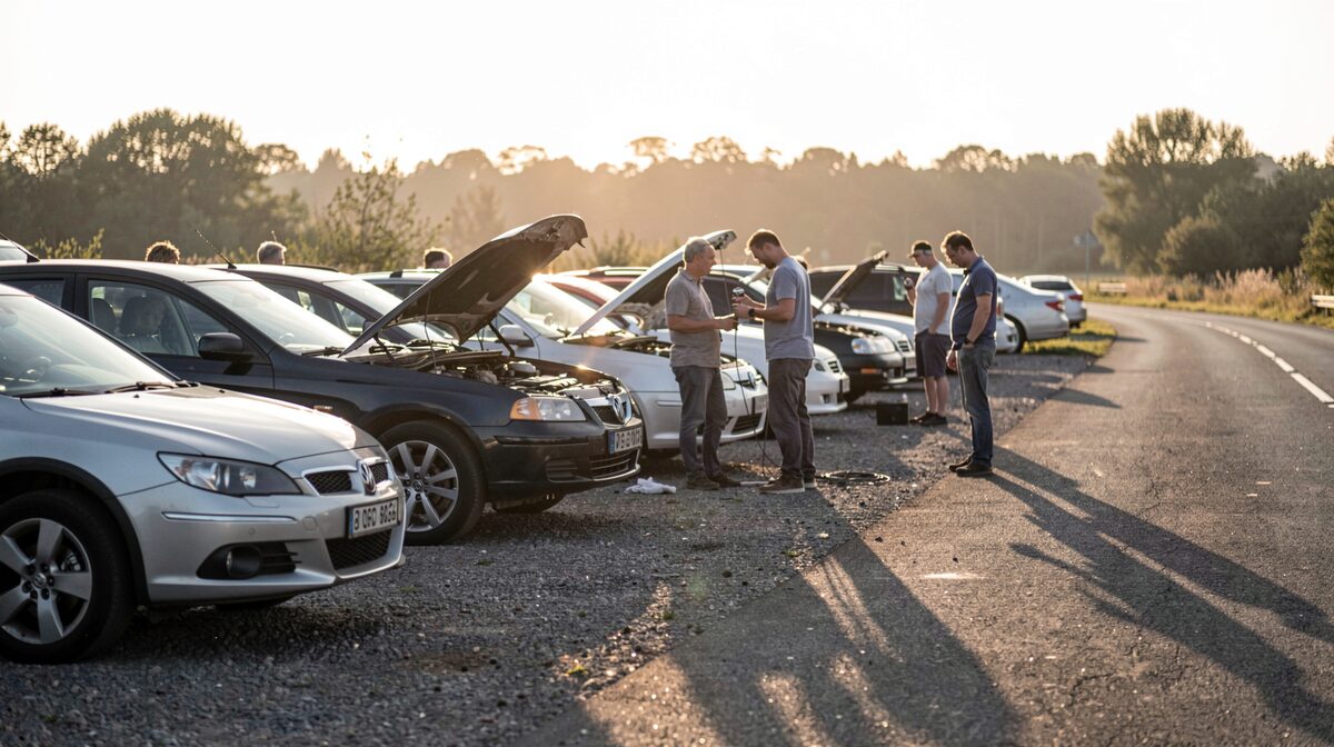 A row of parked cars at a gravel lay-by on a two-lane road at first light, drivers standing in a loose group beside open bonnets, one holding a tyre pressure gauge, low sun behind them and long shadows across the tarmac.