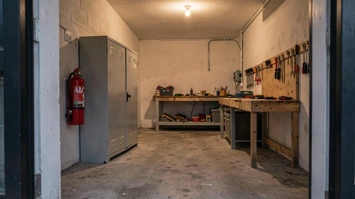 A home garage workshop at dusk, a red ABC fire extinguisher mounted on the wall beside a closed metal flammables cabinet, a swept concrete floor, a workbench with hand tools, warm light from a single overhead bulb, wide shot from the doorway.