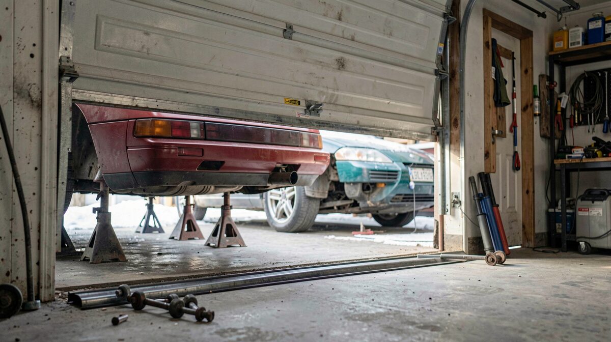 A sectional garage door half open in a small Canadian workshop, a Porsche 944 under it on jack stands, cold morning light through the open gap, the bottom seal and steel rollers in the foreground.